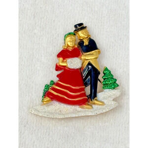 Vintage Christmas Winter Brooch/Pin Signed AJC Enamel‎ Ice Skating Couple